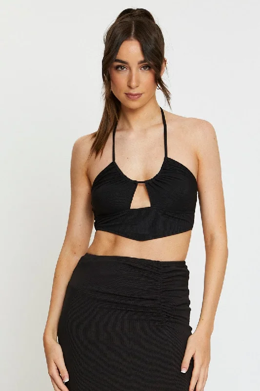 Black Cut Out Crop Top Halter Neck Handmade Hand-knitted Hand-woven