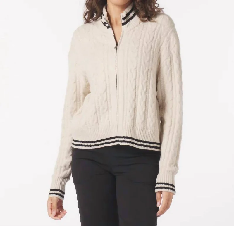 Leisure Cable Knit Zip Up Sweater In Oatmilk/black Terry Terry Cloth Terry Knit