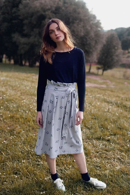 Lamar Grey Bird Print Plated Skirt lightweight skirt design