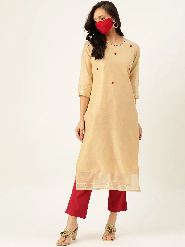 Women's Beige Chanderi Kurta With Trouser - Maaesa Trousers Modern Contemporary