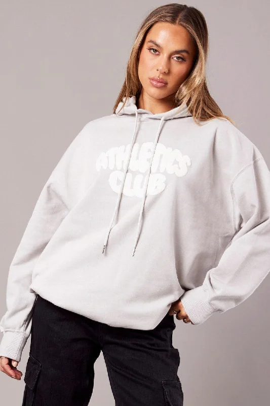 Grey Graphic Hoodie Sweater Long Sleeve Herringbone Houndstooth Plaid
