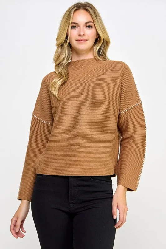 Ellison Contrast Stitch Mock Neck Sweater in Camel Satin Fabric Silk Fabric Chiffon Fabric