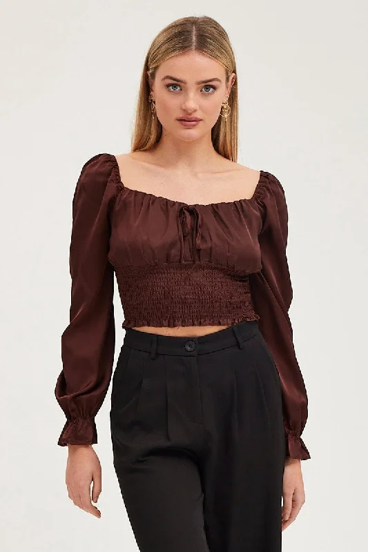 Brown Crop Top Long Sleeve Ribbed Crop Top High Neck Heavyweight
