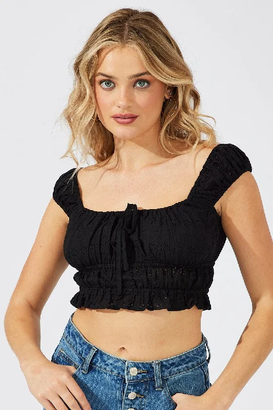 Black Crop Top Eyelet Handmade Hand-knitted Hand-woven