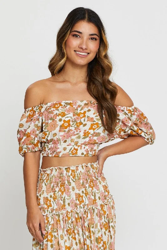 Print Crop Top Three-Quarter Tie Up Silk Blend Satin Velvet