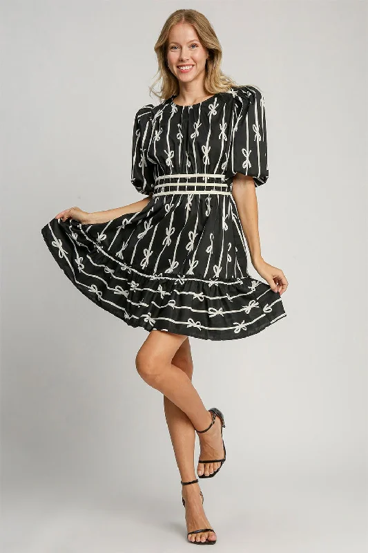 Umgee Ribbon Print Frill Contrast Velvet Trim Half Sleeve Dress In Black Off-the-shoulder Chic Trendy