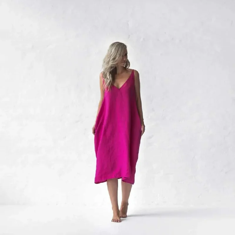 Midi linen dress Nanami Pink Neon by Seaside Tones Square Neckline Feminine