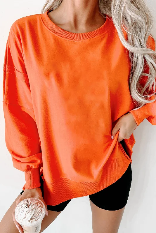 Carrot Exposed Seam Drop Shoulder Round Neck Sweatshirt with Slits Hoodie with Frayed Bohemian Relaxed
