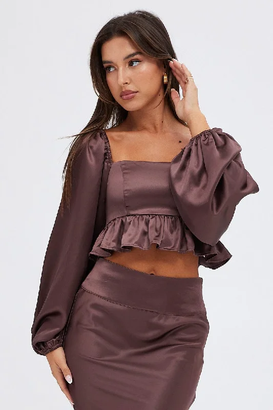 Brown Crop Top Long Sleeve Square Neck Frill Hem Satin Graphic Embroidered Appliqued