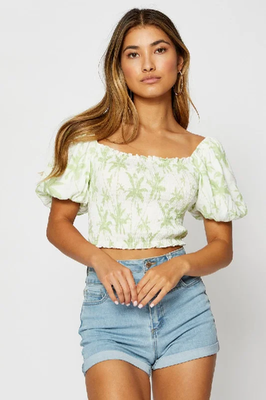 Print Crop Top Short Sleeve Striped Floral Plaid