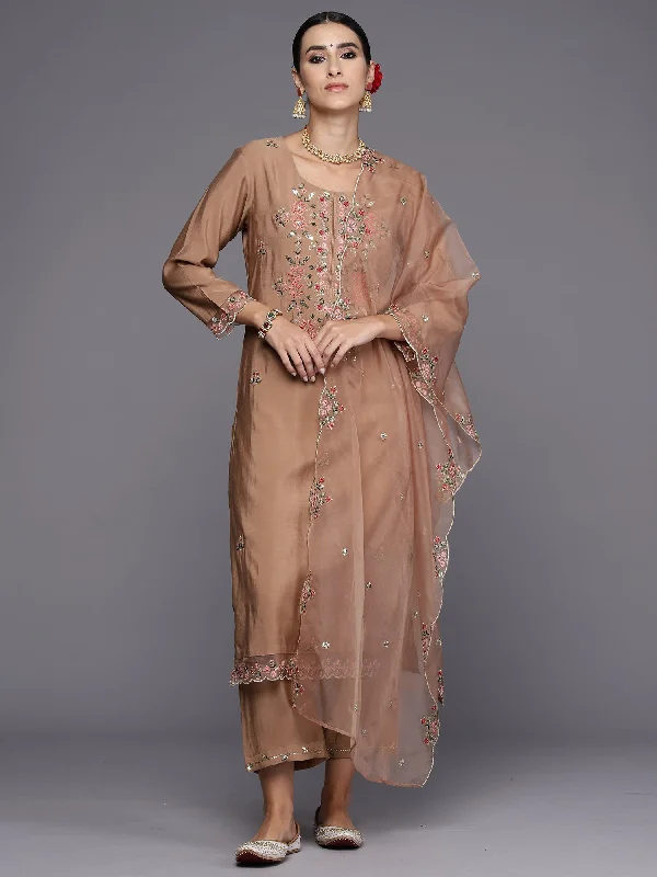 Women's Brown Embroidered Straight Kurta Trousers With Dupatta Set - Indo Era Trousers High Rise Slim Fit Women's Brown Embroidered Straight Kurta Trousers With Dupatta Set - Indo Era Trousers High Rise Slim Fit