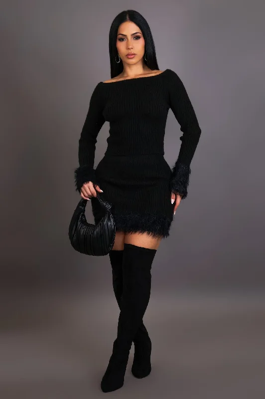 TS50189C-CMP - FUR DETAIL KNIT SWEATER TOP&SKIRT SET Chenille Blend Fleece Blend Nylon Blend