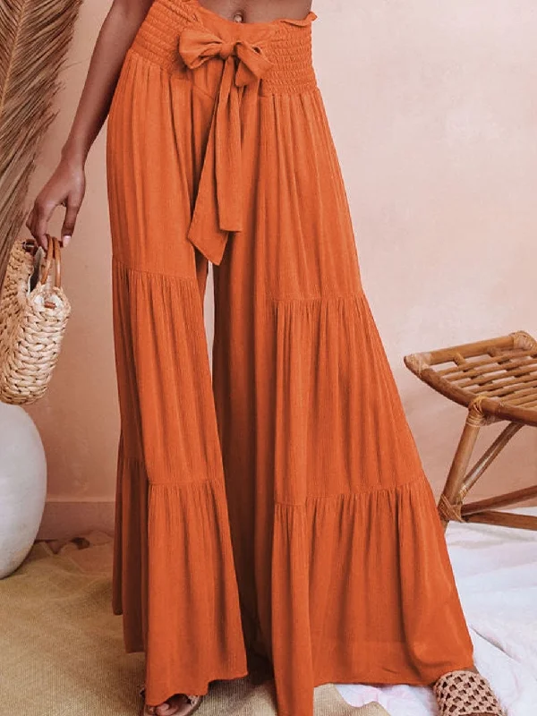 Flowy Orange Smocked Waist Wide Leg Trousers Trousers Silk Elegant
