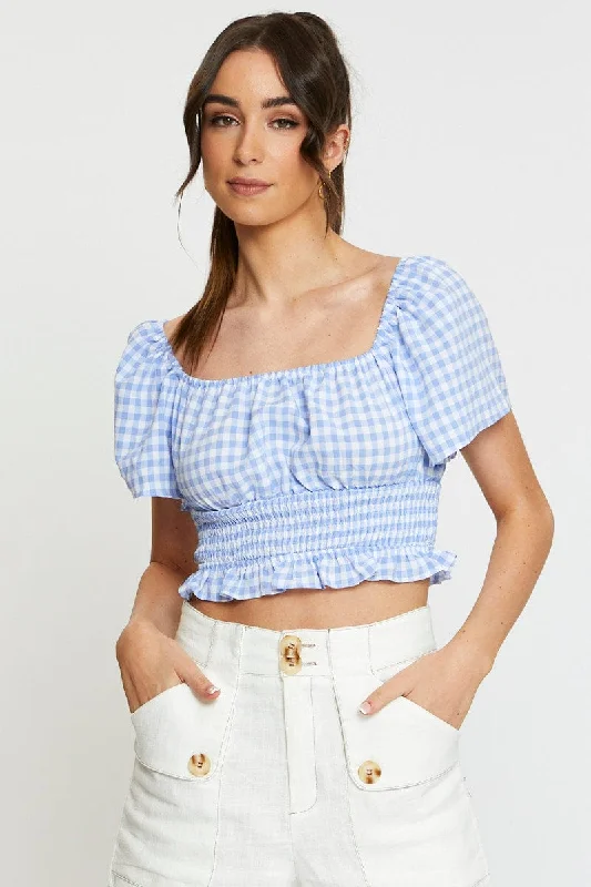 Check Crop Top Off Shoulder Cotton Fabric Linen Fabric Terry Fabric