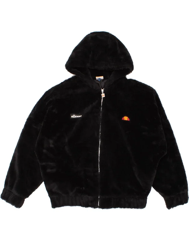 ELLESSE Womens Hooded Fleece Jacket UK 10 Small Black Polyester Welt Pockets Slit Pockets Flap Pockets ELLESSE Womens Hooded Fleece Jacket UK 10 Small Black Polyester Welt Pockets Slit Pockets Flap Pockets