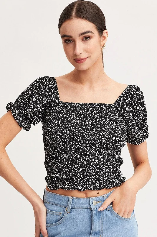 Print Crop Top Short Sleeve Ribbed Striped Patterned
