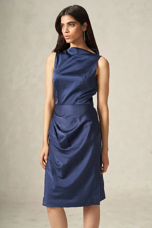 Dark Blue Pure Satin Silk Dress with Drape Detailing Tunics Solid Classic