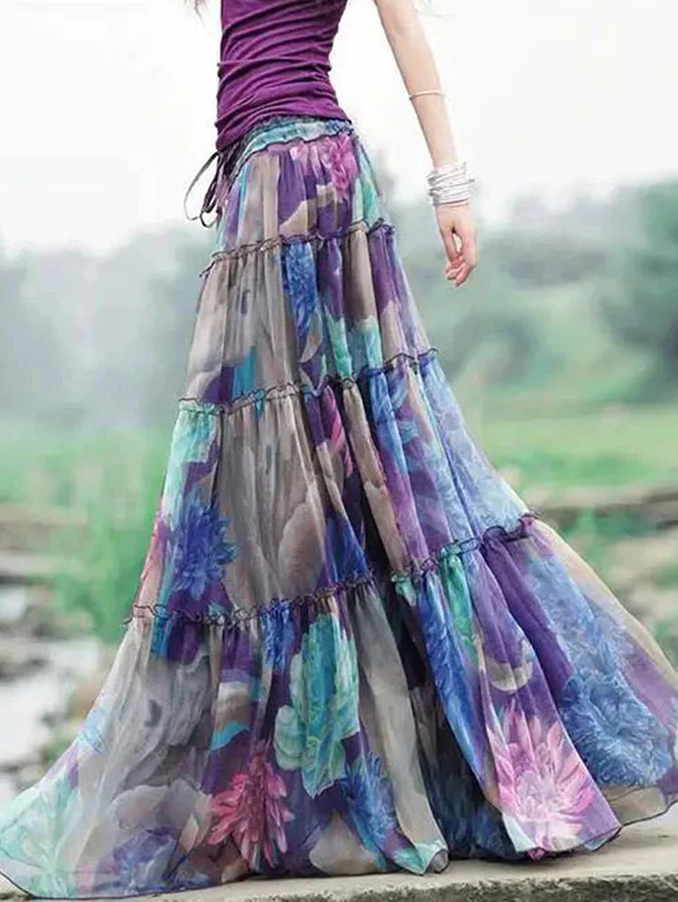 Romantic Flowy Purple Multicolo4 Ruffle Tier Maxi Skirt denim skirt fashionable