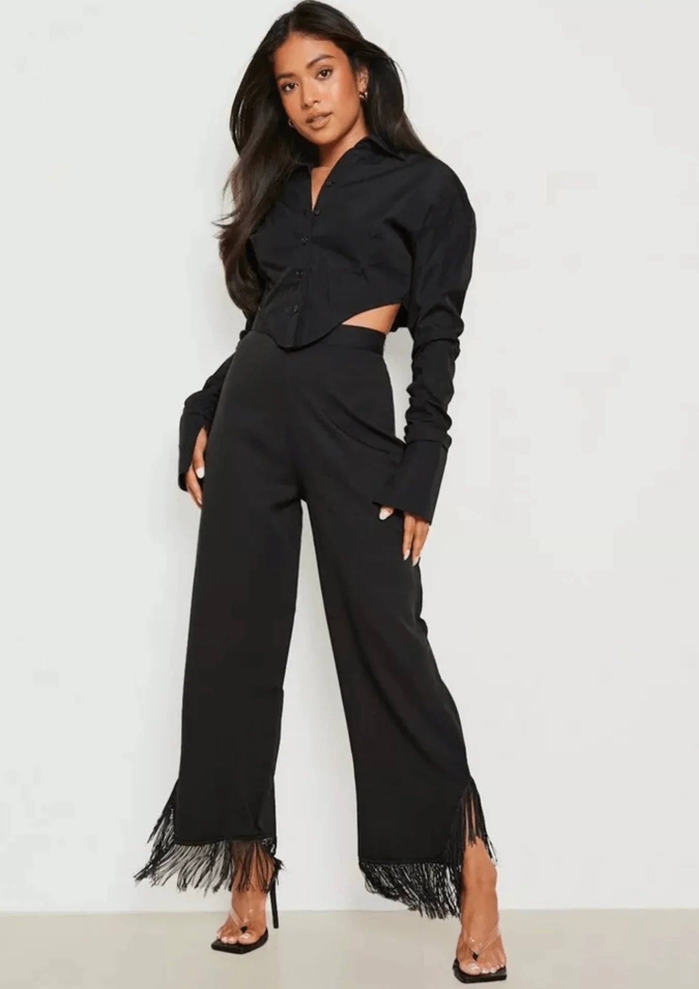 BLACK FRINGED TROUSERS Trousers sophisticated sleek