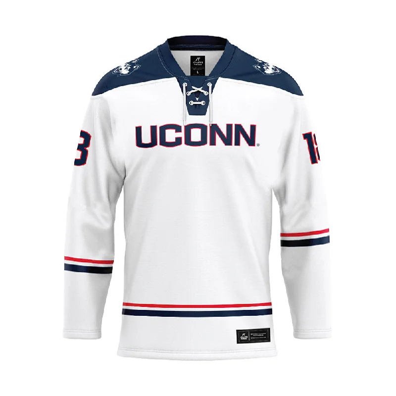 UConn - NCAA Women's Ice Hockey : Maya Serdachny - White Hockey Jersey Silk Jersey Blouse