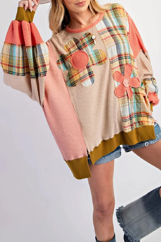 Multicolour Waffle Knit Plaid Patchwork Side Slits Loose Sweatshirt Hoodie with Mock Neck Collared Structured