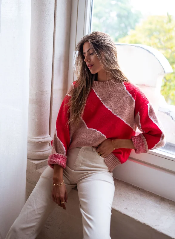 Red and Old Pink Maleka Sweater Elegant Classic Vintage