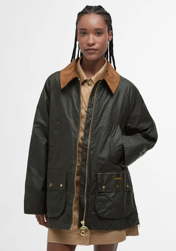Barbour Raelynn Wax Jacket, Olive Green Welt Pockets Slit Pockets Flap Pockets