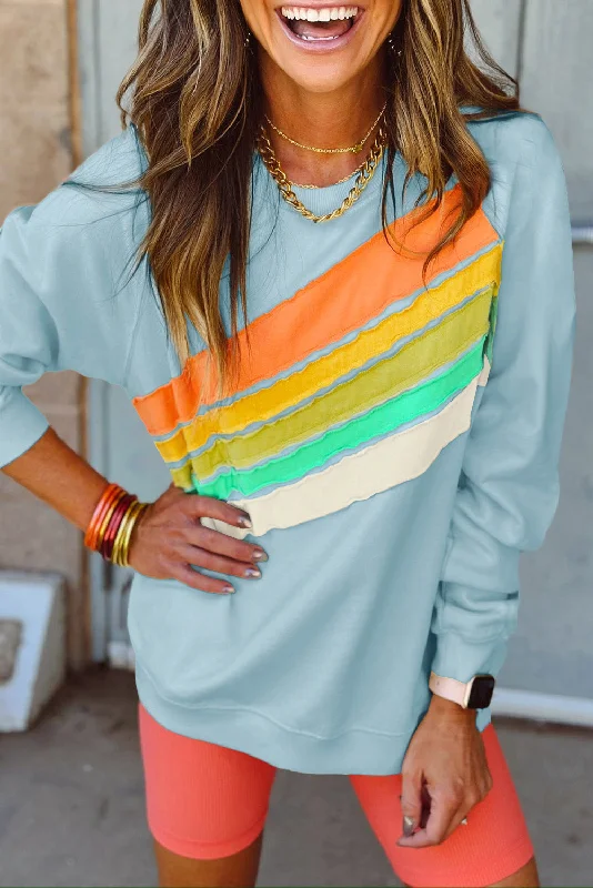 Beau Blue Rainbow Colorblock Striped Pullover Sweatshirt Hoodie with Gradient Ombre Colorful Beau Blue Rainbow Colorblock Striped Pullover Sweatshirt Hoodie with Gradient Ombre Colorful