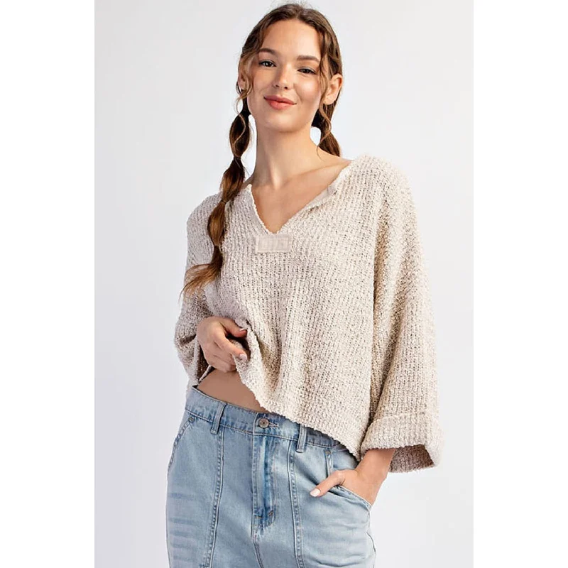 ee:some - Textured V-Neck Sweater Top - Oatmeal Zippered Front Buttoned Front Snap Front