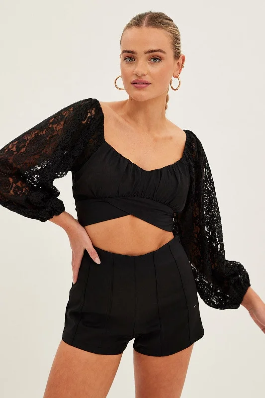 Black Crop Top Long Sleeve Sweetheart Neckline Lace Rayon Fabric Velvet Fabric Corduroy Fabric Black Crop Top Long Sleeve Sweetheart Neckline Lace Rayon Fabric Velvet Fabric Corduroy Fabric