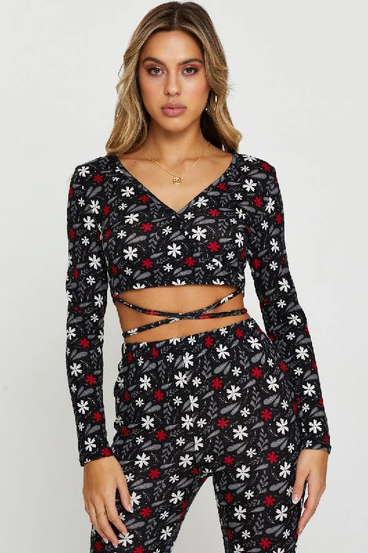 Print Crop Top Long Sleeve Handmade Hand-knitted Hand-woven