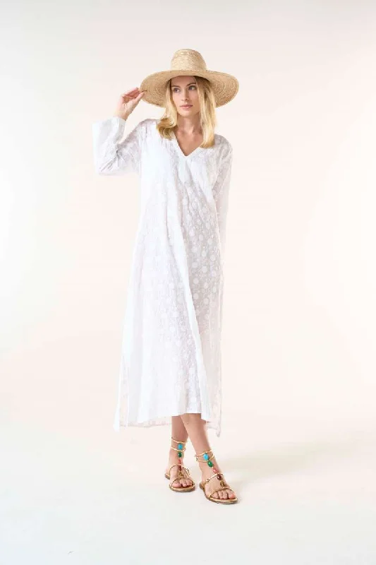 Kerela Long Dress Embroidery Cotton in White/White S24-07EW/W-7007 by One Season Tunics Fashionable chic