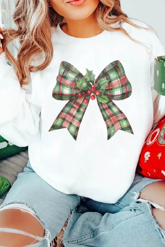 Beige Holly Plaid Bow Graphic Christmas Themed Sweatshirt Hoodie with Crew Neck Simple Timeless