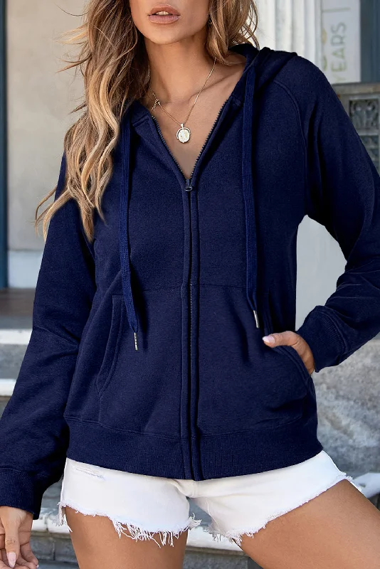 Navy Blue Solid Color Fleece Lined Zip up Hoodie Hoodie with Side Slits Relaxed Casual