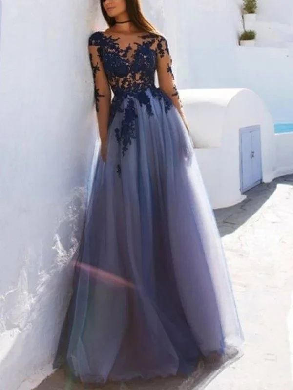 A-Line Scoop Long Sleeves Floor-Length With Applique Tulle Dresses Tunics Floral girly