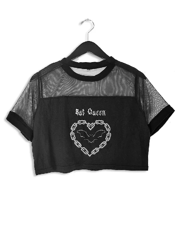 Bat Queen Mesh Crop Top Welt Pockets Slit Pockets Flap Pockets