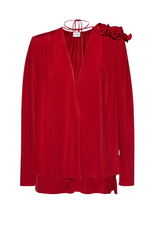 Classic Jersey Shirred Flower Blouse | Red Party Jersey Tee