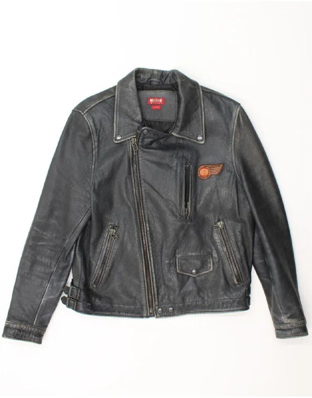 MUSTANG Womens Graphic Leather Biker Jacket UK 16 Large Grey Leather Tiered Jacket Buttoned Jacket Zippered Jacket