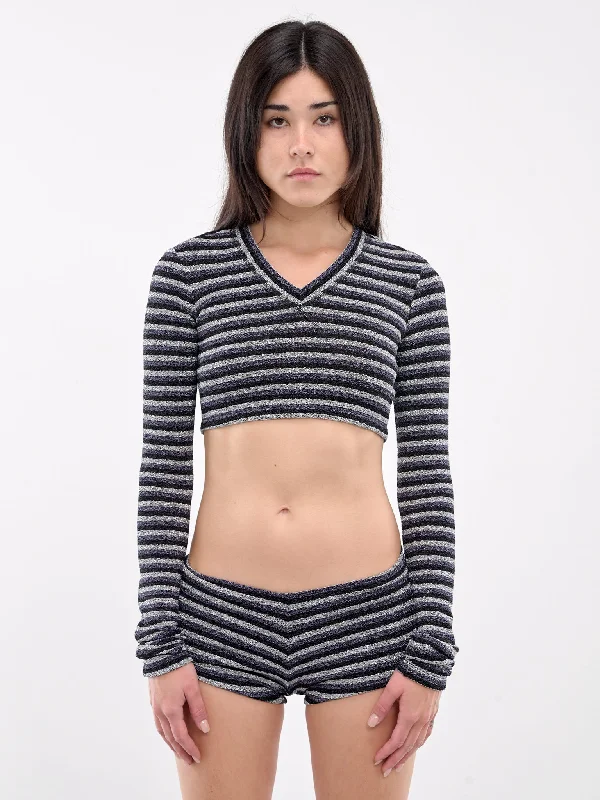 V-Neck Crop Top (001202-205-METALLIC-STRIPES) Lace Blend Ribbed Blend Corduroy Blend