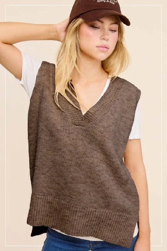 La Miel Oversized Knit Deep V-Neck Sweater Vest in Brownie Handmade Hand-knitted Hand-woven