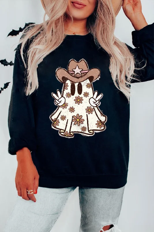 Black Halloween Floral Ghost Print Pullover Graphic Sweatshirt Hoodie Crop Top Short Trendy Black Halloween Floral Ghost Print Pullover Graphic Sweatshirt Hoodie Crop Top Short Trendy