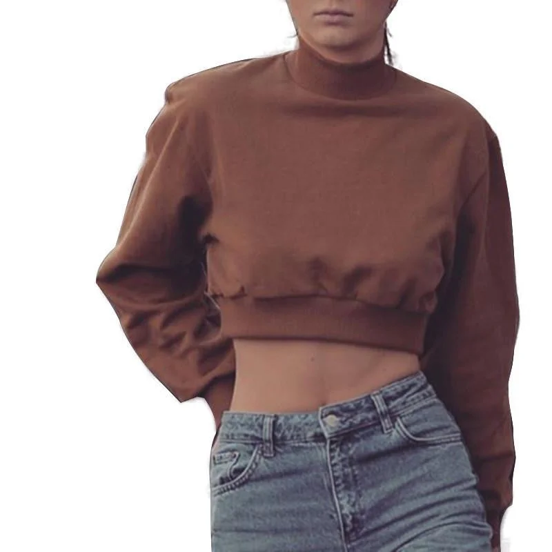 Women Long Sleeve Loose Straight Sweatshirt Casual Slim Brown High Neck Crop Top Sweatshirt Houndstooth Herringbone Solid Women Long Sleeve Loose Straight Sweatshirt Casual Slim Brown High Neck Crop Top Sweatshirt Houndstooth Herringbone Solid