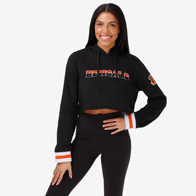Cincinnati Bengals Womens Cropped Chenille Hoodie Hoodie with Hem Drawcord Adjustable Customizable