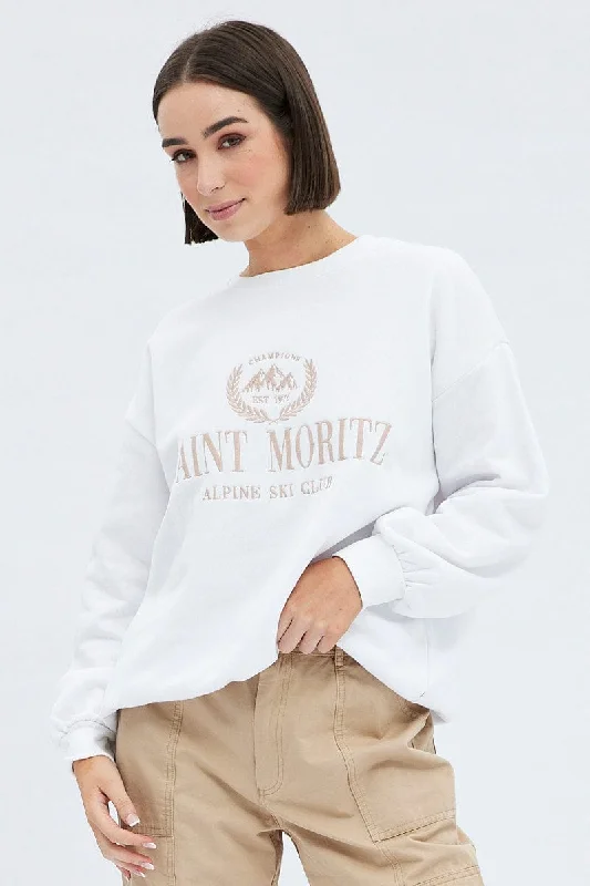 White Graphic Sweater Long Sleeve Soft Cozy Warm