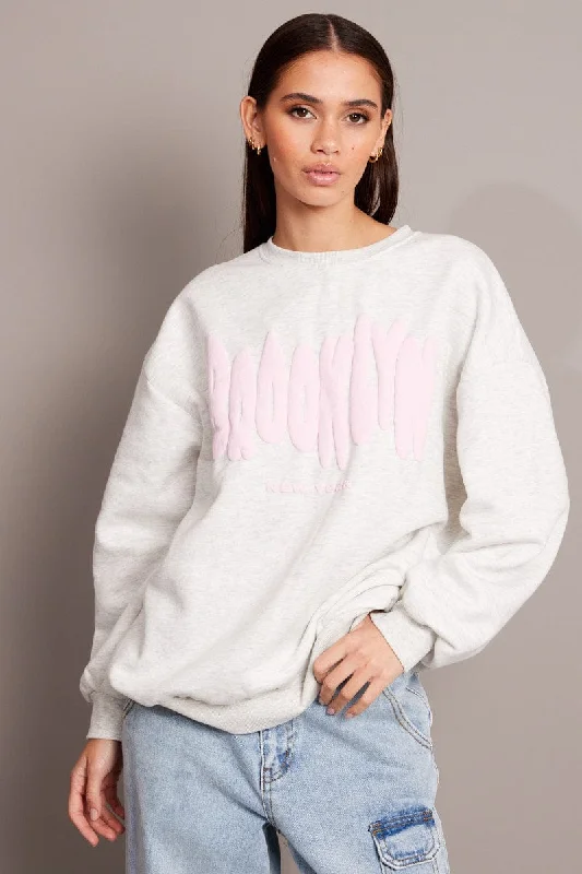 Grey Graphic Sweater Long Sleeve Beaded Sweater Sequined Faux Fur