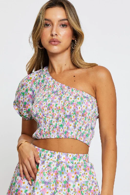 Print Crop Top One Shoulder Chenille Blend Fleece Blend Nylon Blend