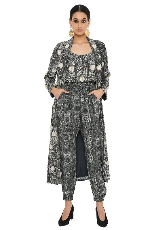 Payal Singhal Printed Long Blazer Jacket With Camisole And Jogger Pants Chenille Fabric Brocade Fabric Lace Fabric