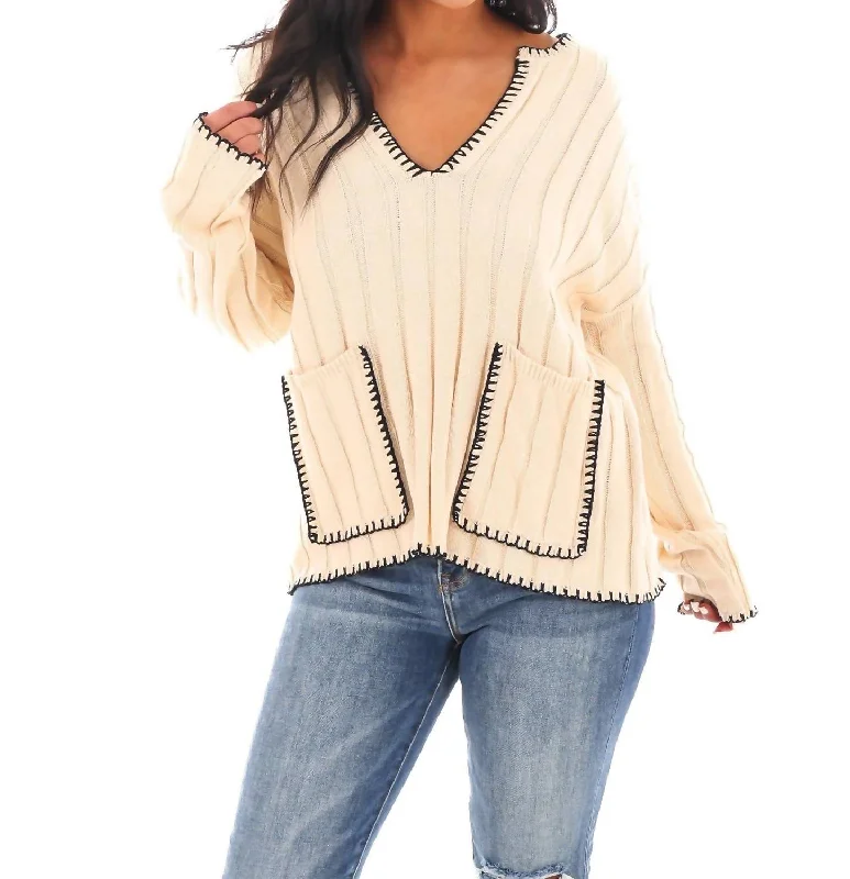 Ribbed Bliss Knit Sweater In Oatmeal/black Ribbed Striped Patterned