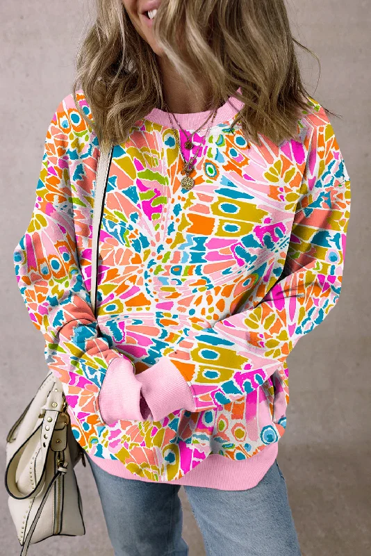 Pink Abstract Printed Drop Shoulder Loose Sweatshirt Hoodie with Color Block Contrast Stylish Pink Abstract Printed Drop Shoulder Loose Sweatshirt Hoodie with Color Block Contrast Stylish