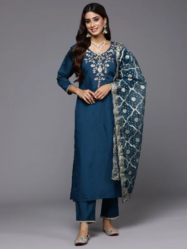 Women's Blue Embroidered Straight Kurta Trousers With Dupatta Set - Indo Era Trousers Low Rise Relaxed Women's Blue Embroidered Straight Kurta Trousers With Dupatta Set - Indo Era Trousers Low Rise Relaxed